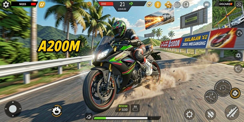 Tampilan gameplay A200M yang menampilkan aksi balapan motor yang seru.