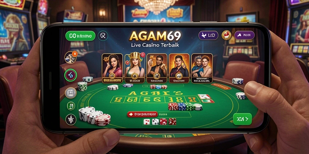 Screenshot permainan Live Casino AGAM69 yang menampilkan dealer langsung di meja.