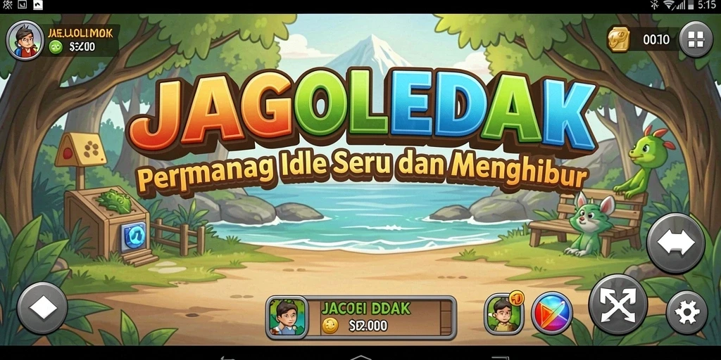 Screenshot gameplay JAGOLEDAK menampilkan karakter dan sumber daya yang mengalir otomatis.