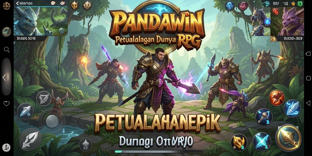 Tangkapan layar gameplay <strong>PANDAWIN</strong> menunjukkan pertarungan epik dan karakter yang menonjol.