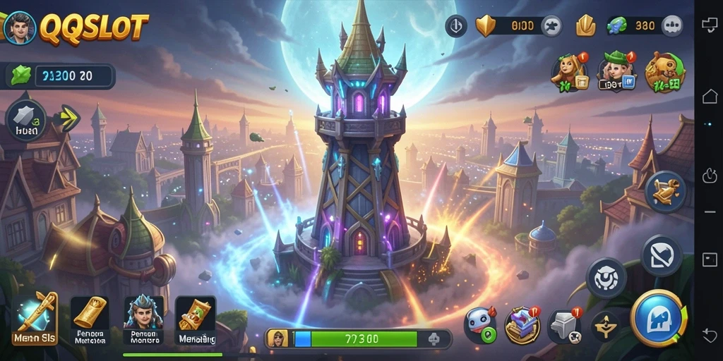 Screenshot gameplay QQSLOT menampilkan pertahanan menara yang tangguh melawan serangan musuh.