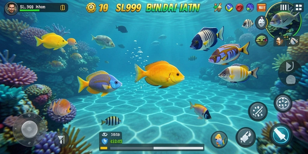 Tampilan gameplay SL999 dengan berbagai ikan yang bisa ditangkap.