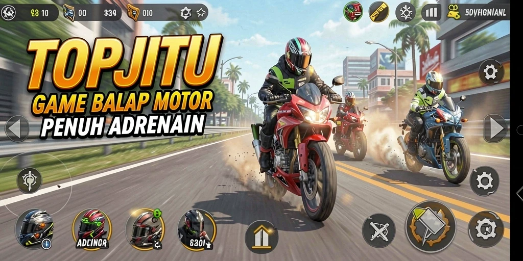 Screenshot utama TOPJITU menampilkan aksi balap motor seru.